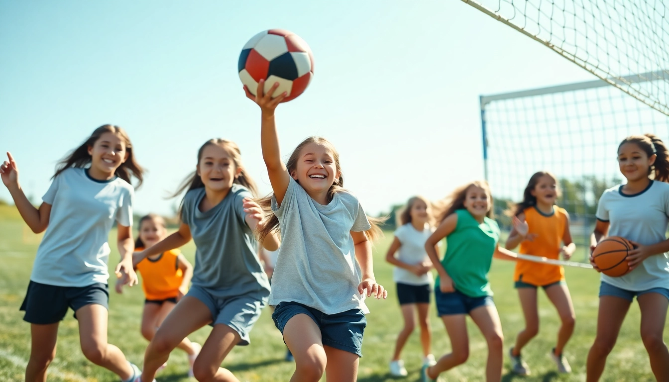 Girls participating in Multi Sports Camps for Girls, showcasing teamwork and athleticism in a sunny outdoor setting.