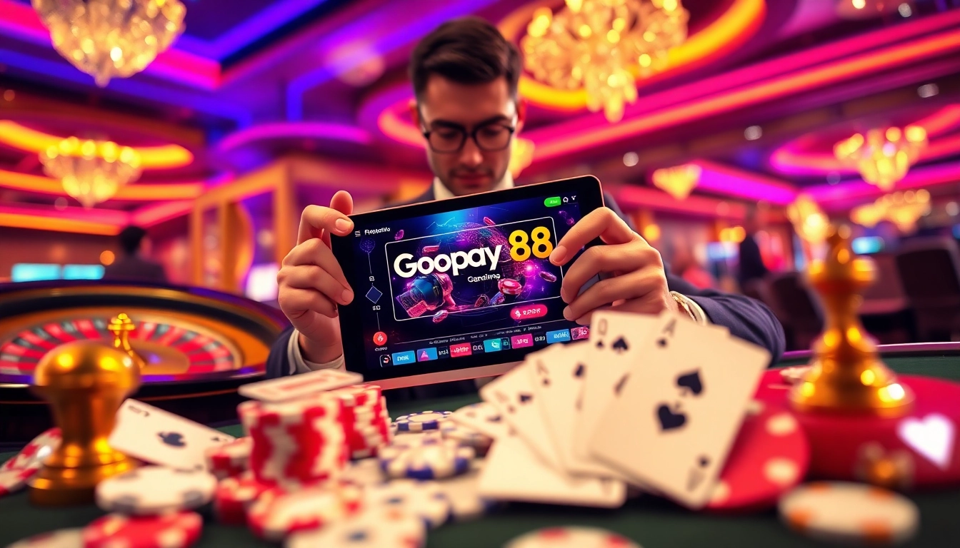 Gopay88 offers online gambling excitement with a vibrant casino scene, featuring roulette wheels and poker chips.