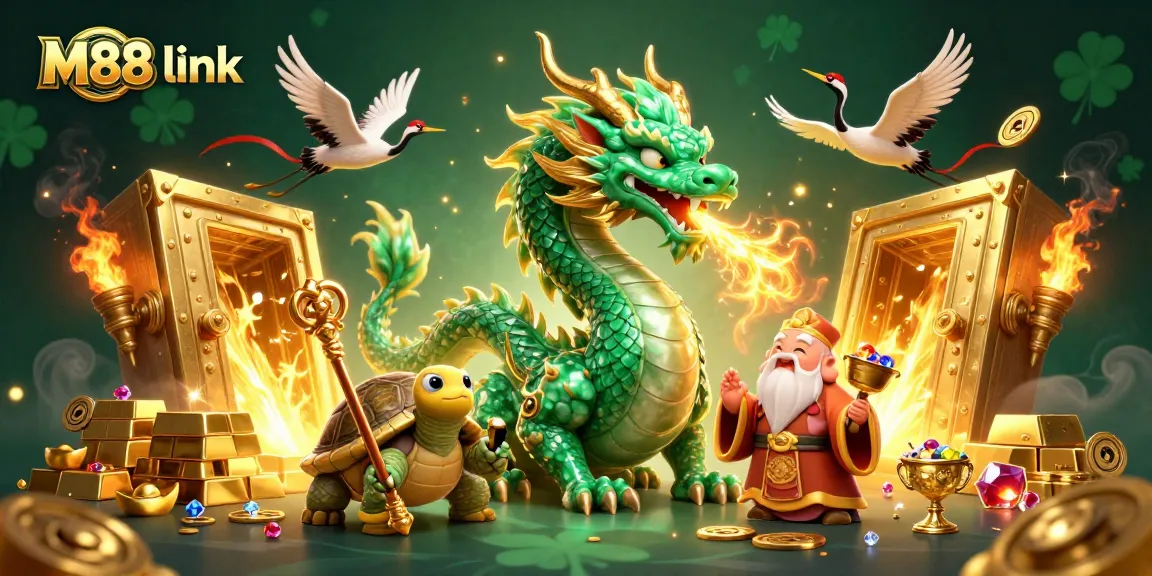 Experience thrilling M88 link promotions with a dynamic illustration featuring a dragon and treasures.