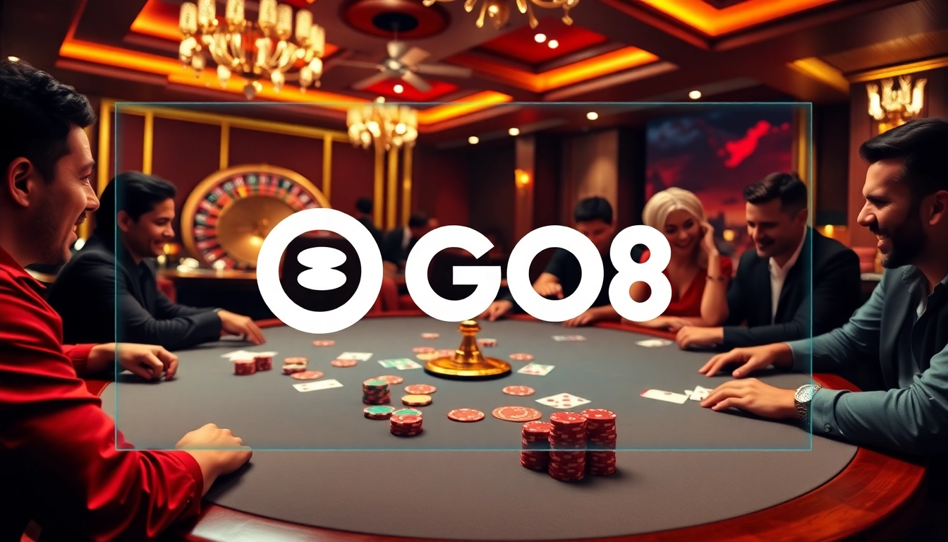 Gamble at the GO8 casino table, with vibrant chips and cards in a luxurious setting.