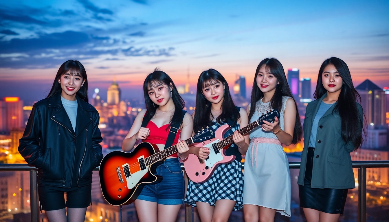 blackpink members posing together in a vibrant city skyline, showcasing their distinct styles and personalities