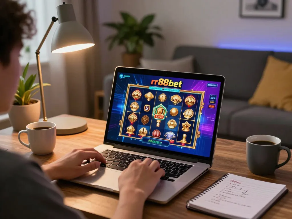 Engaging player enjoying rr88bet slot game on a laptop at home, showcasing strategic gaming in a cozy setting.