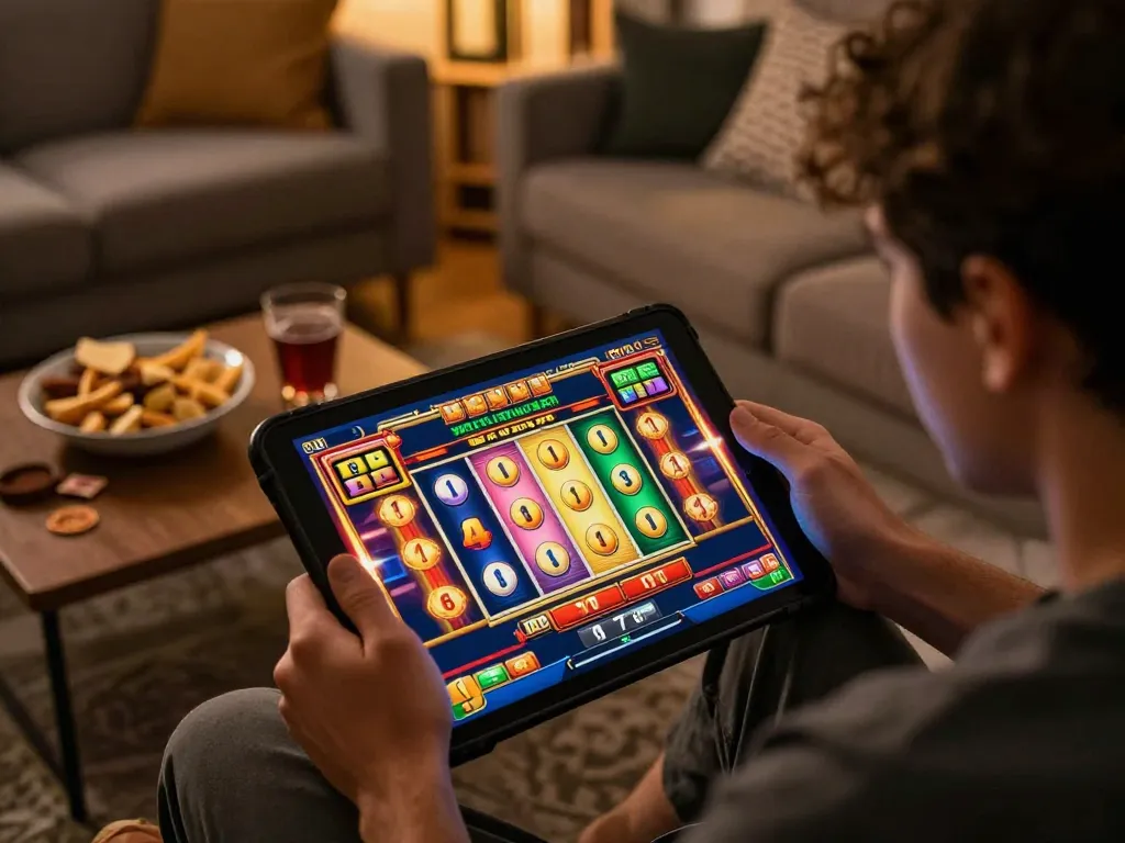 Player enjoying situs slot gacor on tablet, emphasizing fun and exciting online gaming atmosphere.