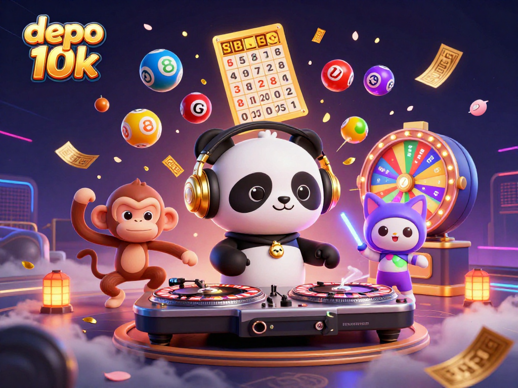Memperkenalkan depo 10k dengan DJ panda dan karakter lucu dalam suasana kasino dinamis.