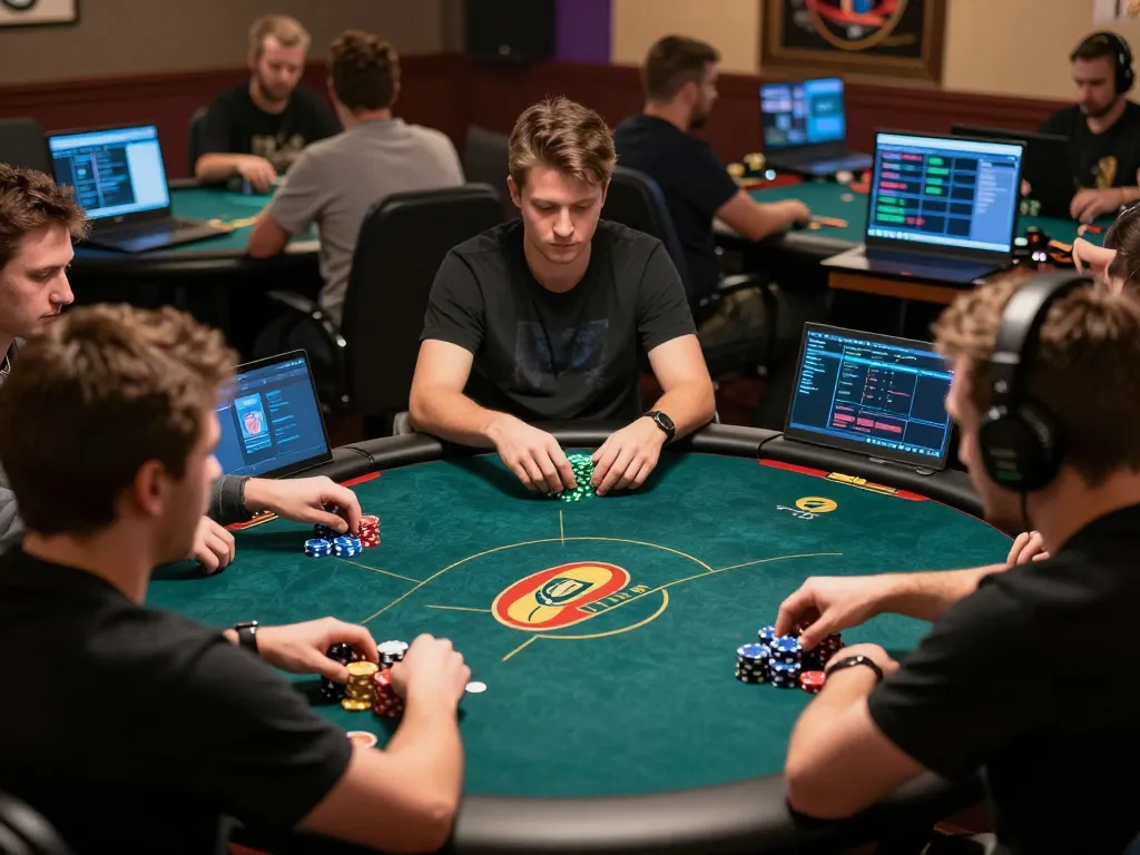 Players strategizing in an engaging kubet online poker game, showcasing chips and game dynamics.