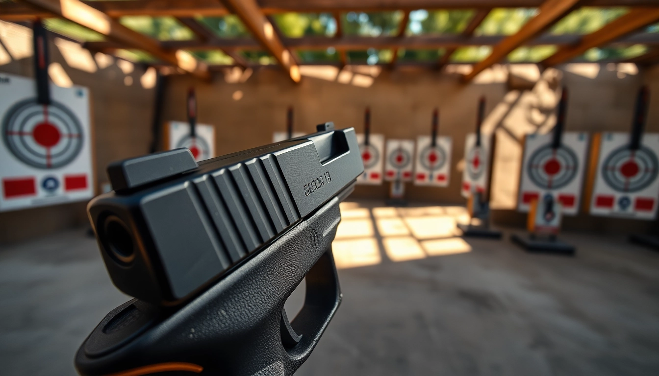 Showcase glock 17 slide with intricate details in a vibrant outdoor shooting range.