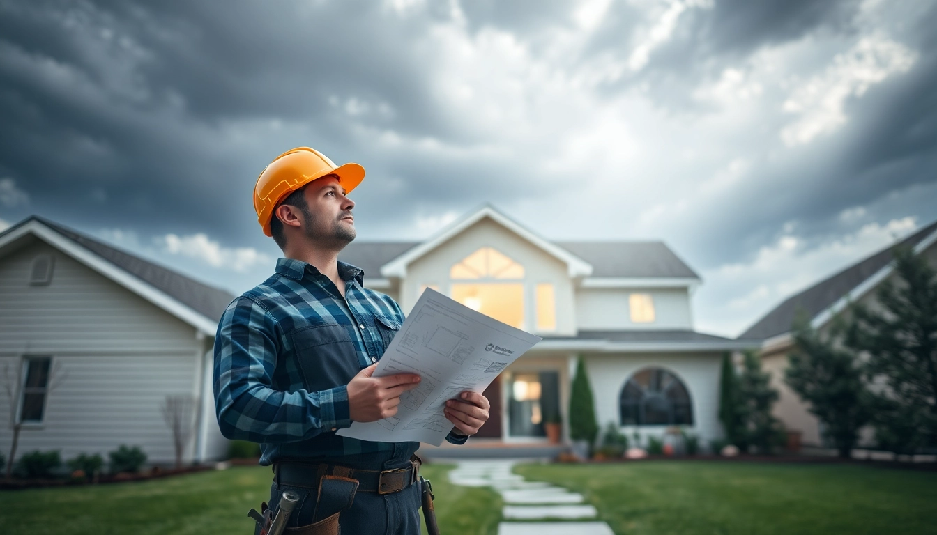 Ensure emergency home repair protection with a contractor working at a modern house in urgent lighting.