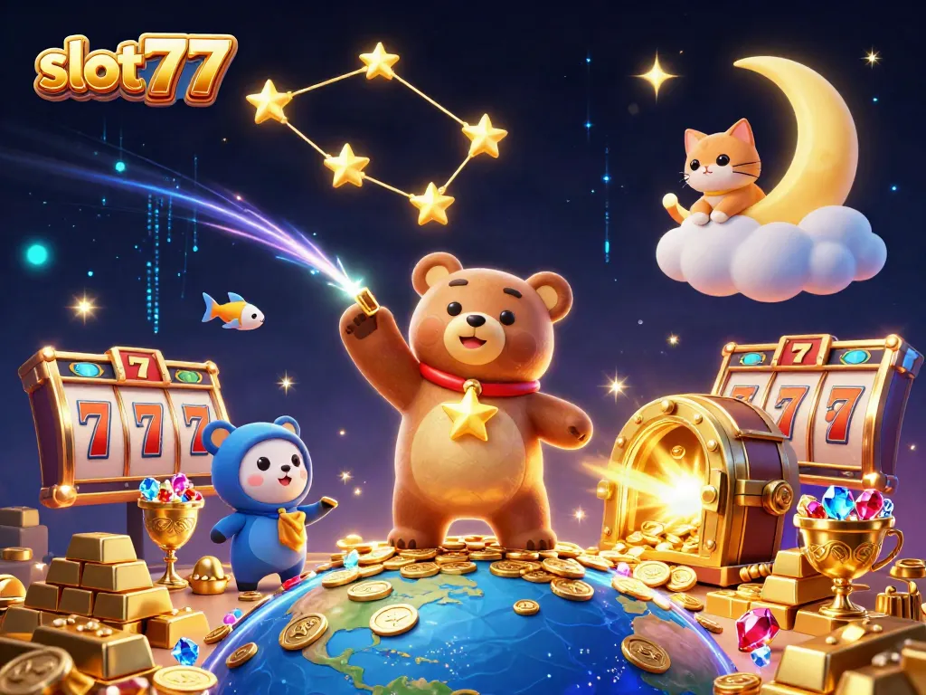 Slot777 menarik koin dari permainan slot sambil dikelilingi harta karun berkilau.