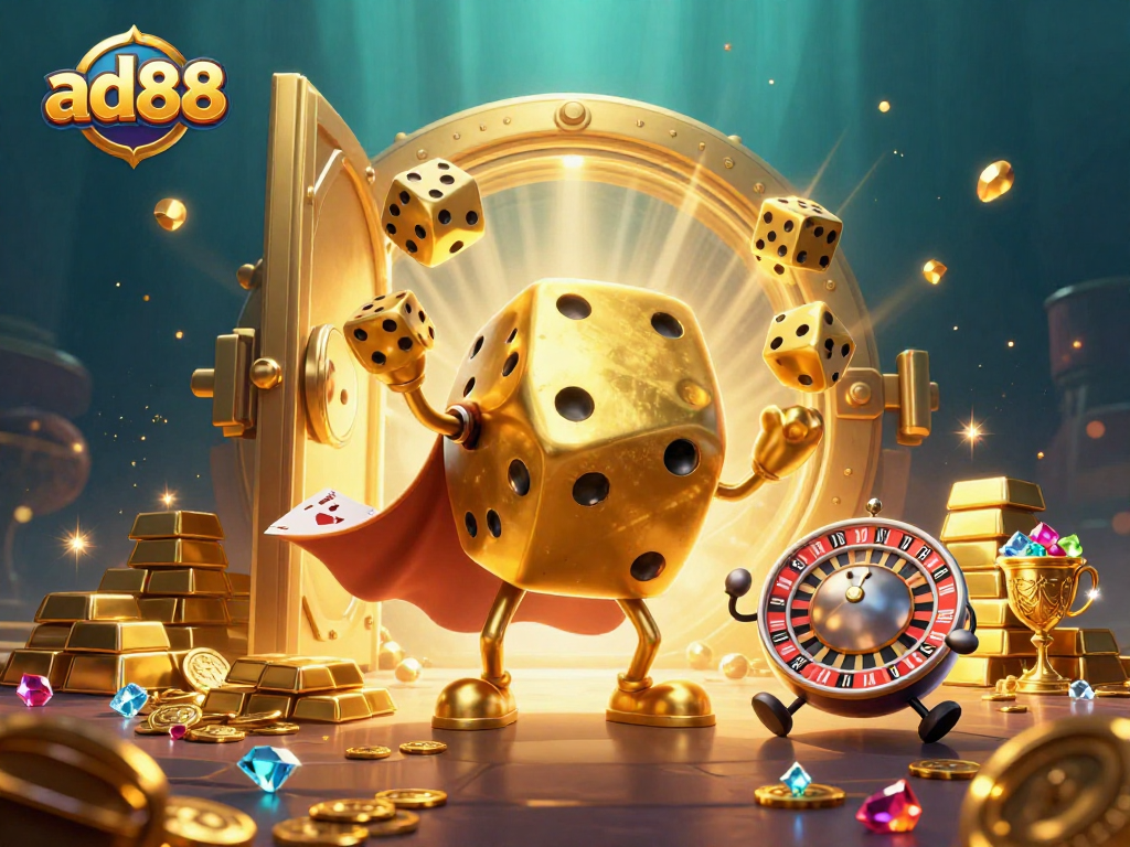 Experience the thrilling gameplay of ad88 with vibrant golden characters and casino treasures.