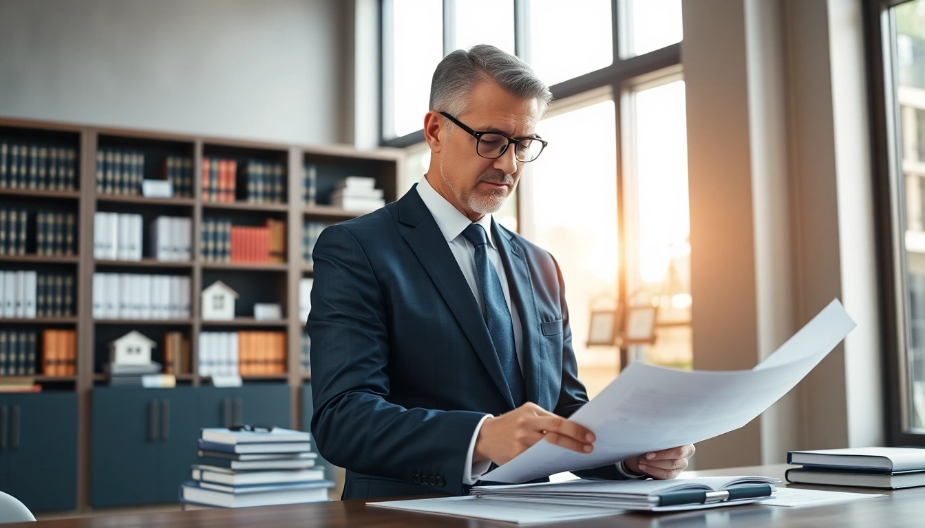 Real estate lawyer reviewing contracts in a sophisticated office environment.