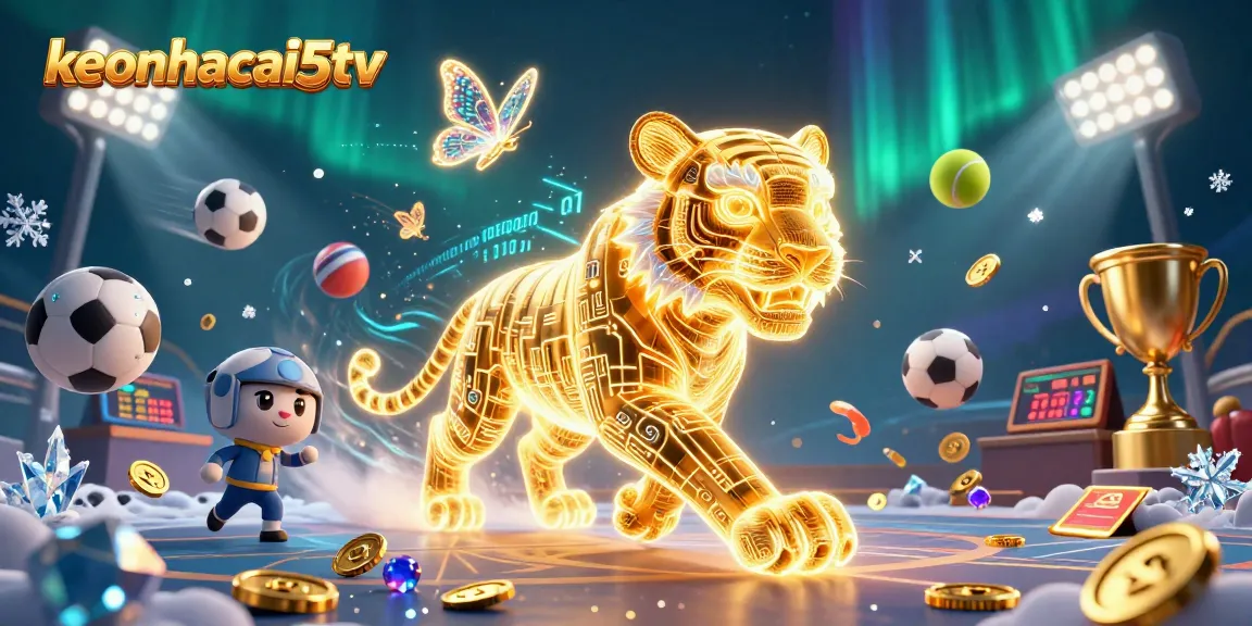 Experience the excitement of keonhacai5tv with a vibrant digital casino illustration full of sports elements.