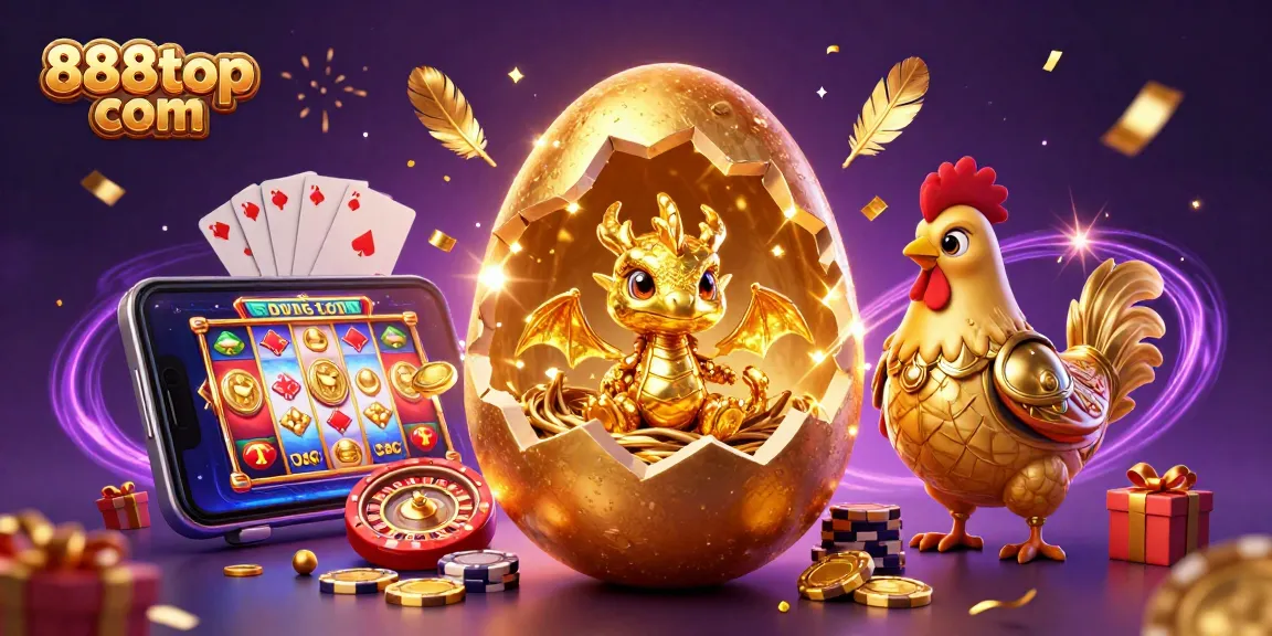Experience exciting wins at 888top com with a vibrant casino-themed illustration featuring golden treasures and game elements.