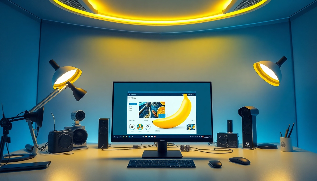Nano Banana Pro interface showcased in a modern workspace with high-tech gadgets.