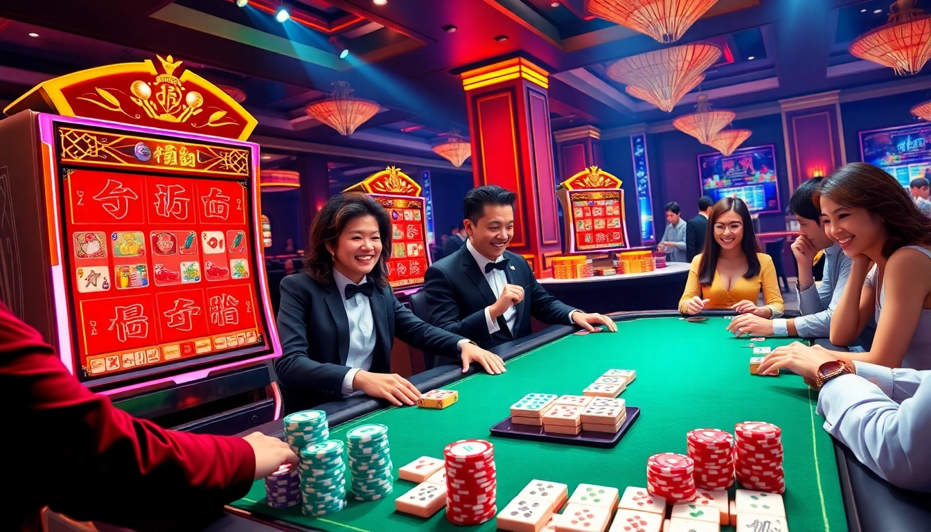 Players enjoying the slot demo mahjong experience at an upscale casino with vibrant machines.
