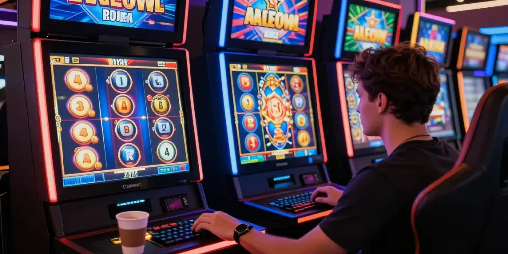 Pemain bermain slot777 di komputer dengan suasana permainan yang seru.