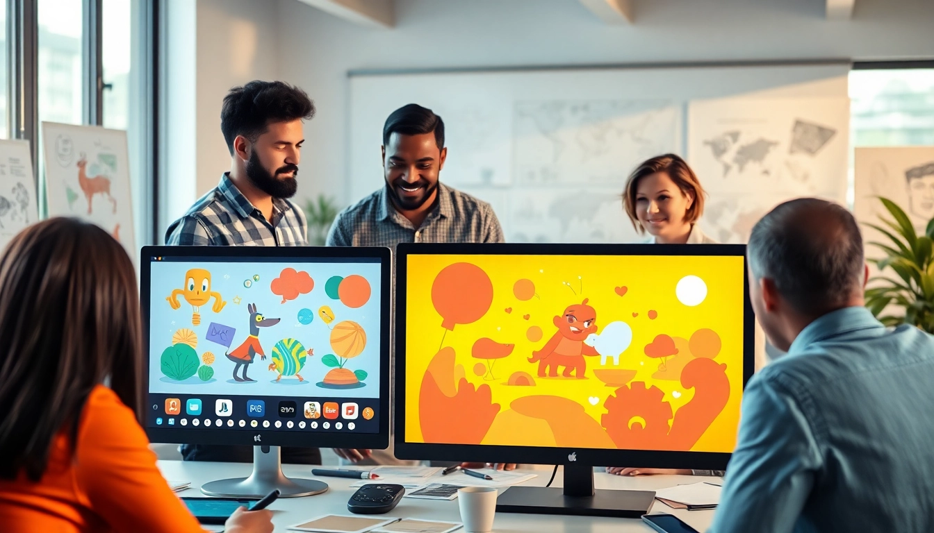 Animation Erstellen in einem kreativen Arbeitsumfeld, das die Zusammenarbeit von Designern zeigt.
