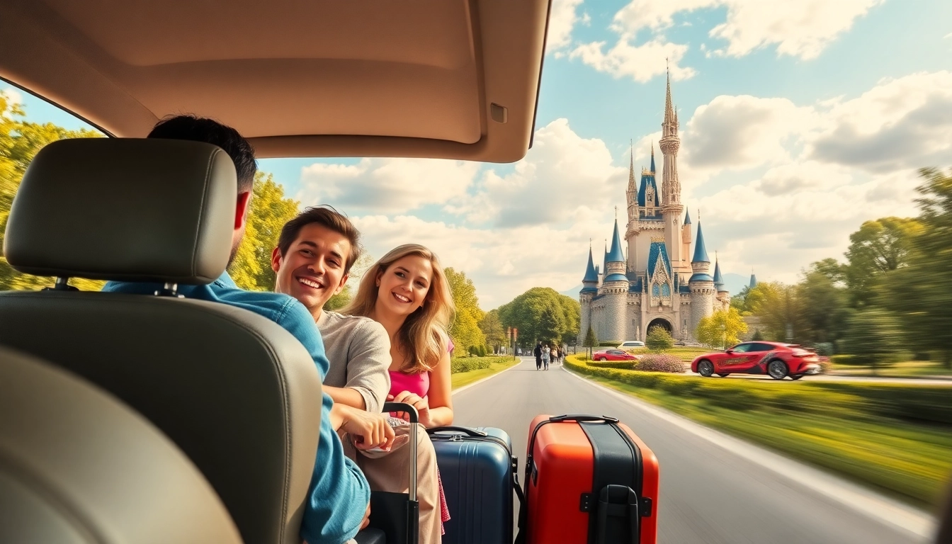 Families enjoying a Beauvais Airport to Disney Transfer in a sleek vehicle with Disneyland in the background.