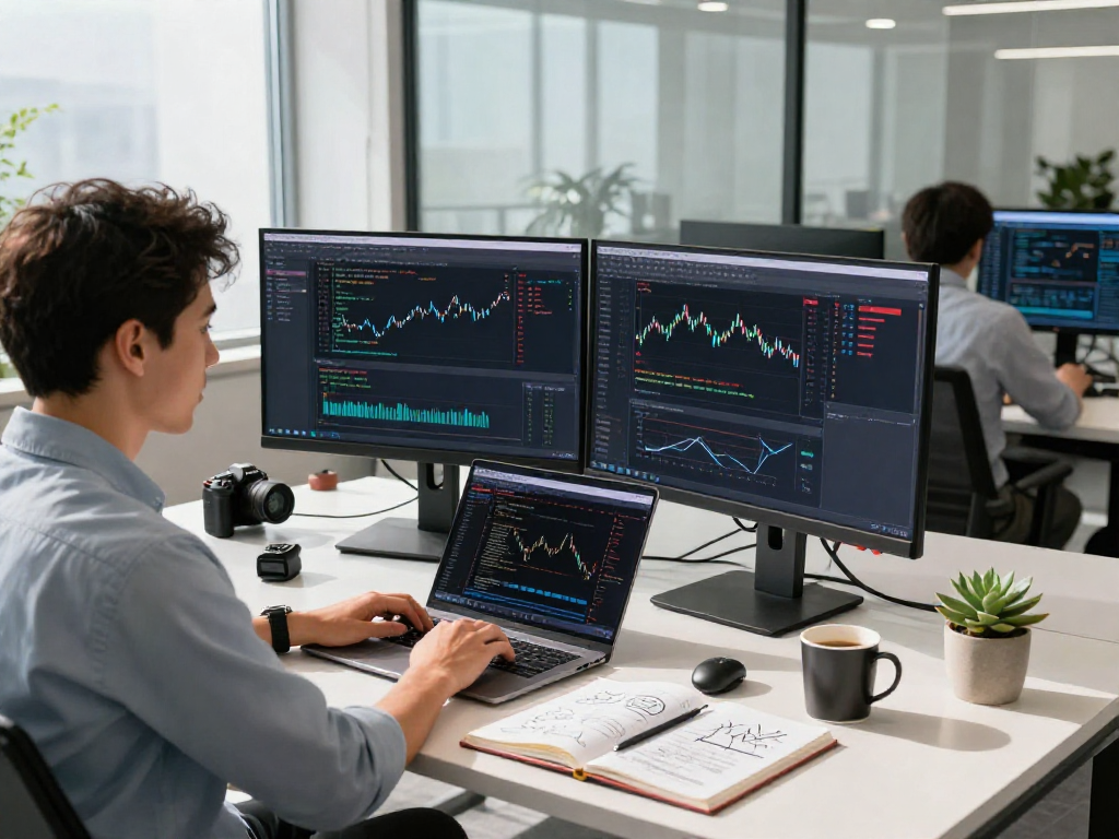 Developer working on an algorithmic trading API in a modern office, highlighting real-time financial data analysis.