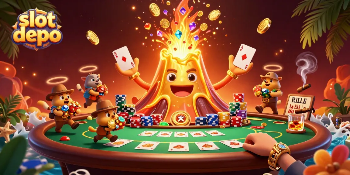 Spin to win at slot depo with treasure-filled volcano, vibrant poker scene, and lively animals.