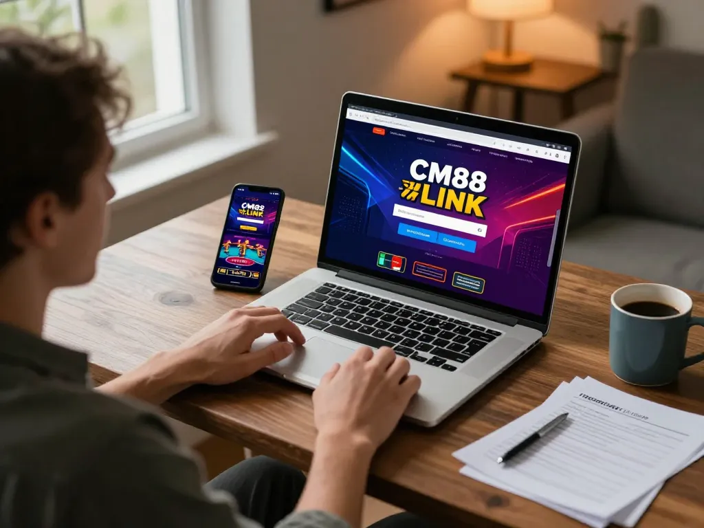 Engaging online gaming scene with CM88 LINK registration displayed on laptop, showcasing a cozy home atmosphere.