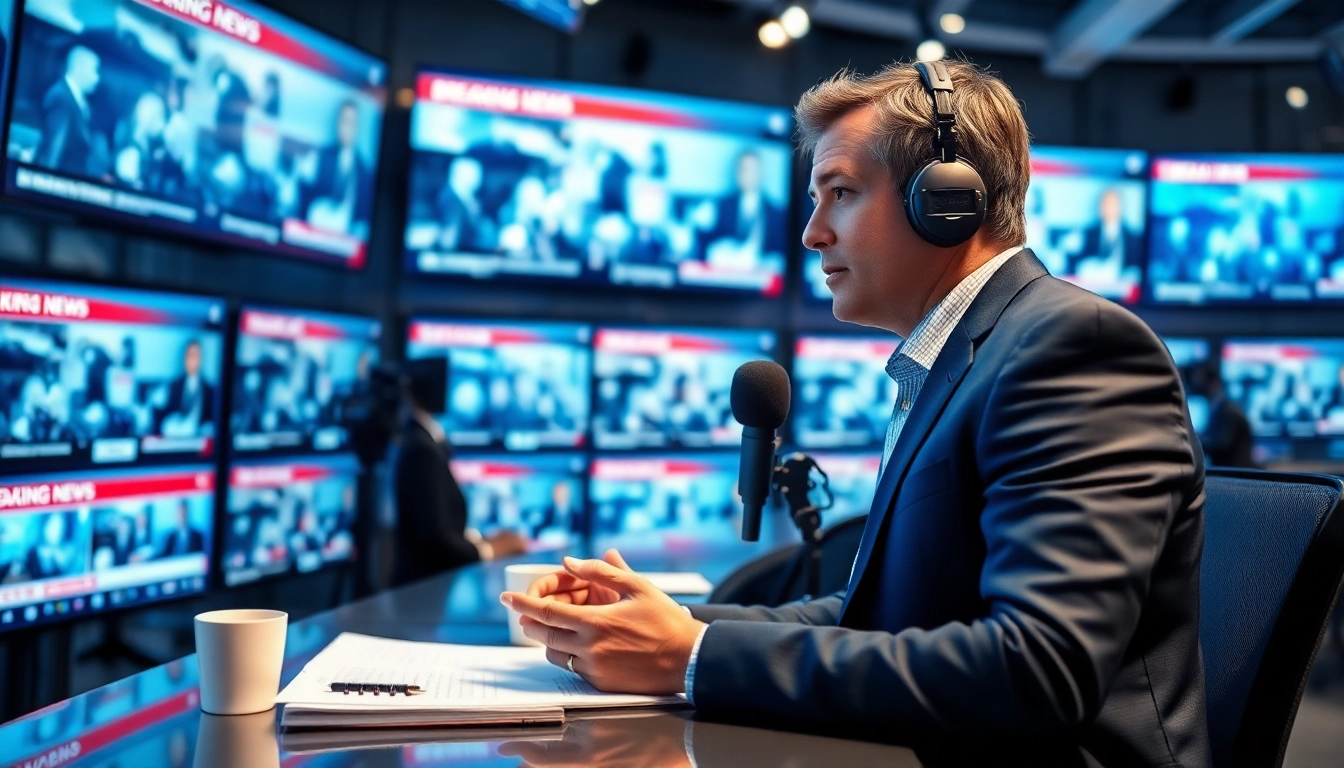 Capture breaking news as a journalist reports in a bustling newsroom.