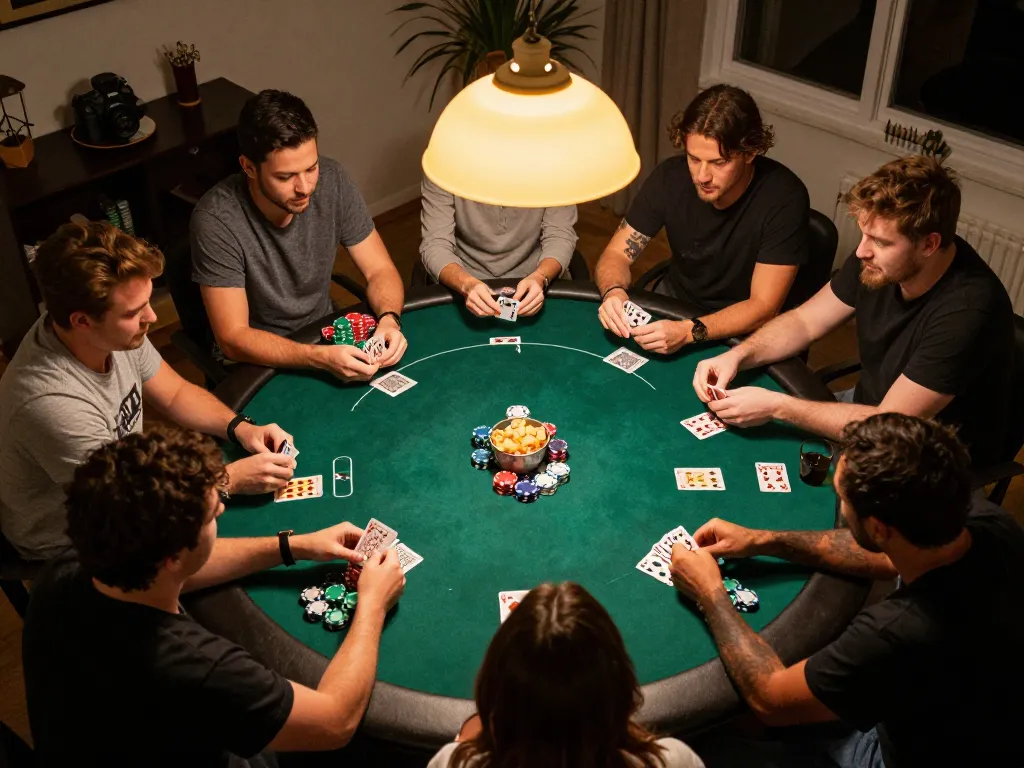 Friends enjoying a thrilling poker game at home while utilizing mb88 strategies for better odds.