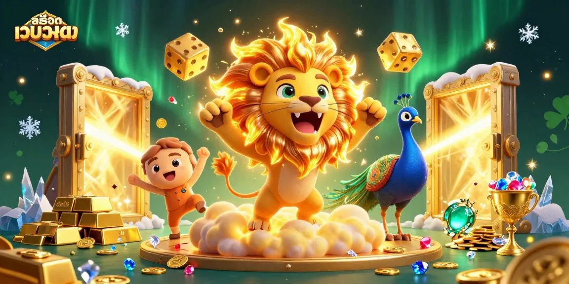 Play สล็อตเว็บตรง with exciting golden treasures and lively 3D characters in a vibrant casino scene.