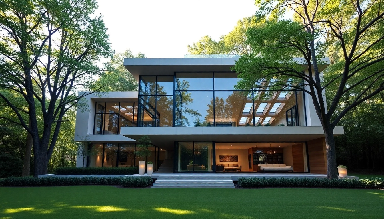 Luxury home architect Boston showcasing a modern architectural design in a serene garden setting.