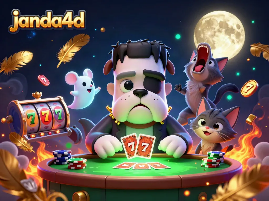 Janda4d menghadirkan momen seru dengan bulldog Frankenstein bermain kartu di meja kasino yang angker.