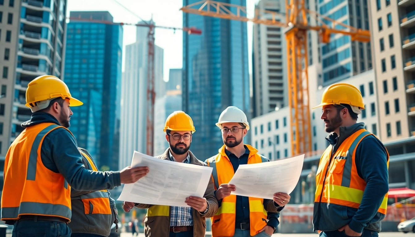 Austin construction professionals collaborating on a project in a dynamic urban setting.