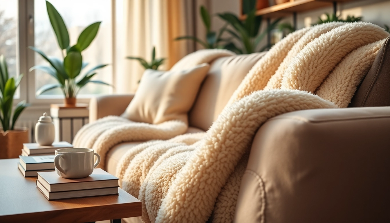 Fleece blanket draped over a sofa in a cozy living room setting, inviting tranquility.
