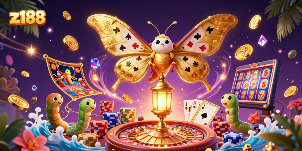Experience thrill with z188 as the golden moth reveals casino treasures amid cascading riches.