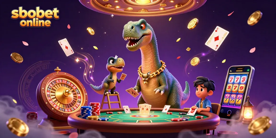 Engage with sbobet online as a cartoon brontosaurus towers over a vibrant casino scene