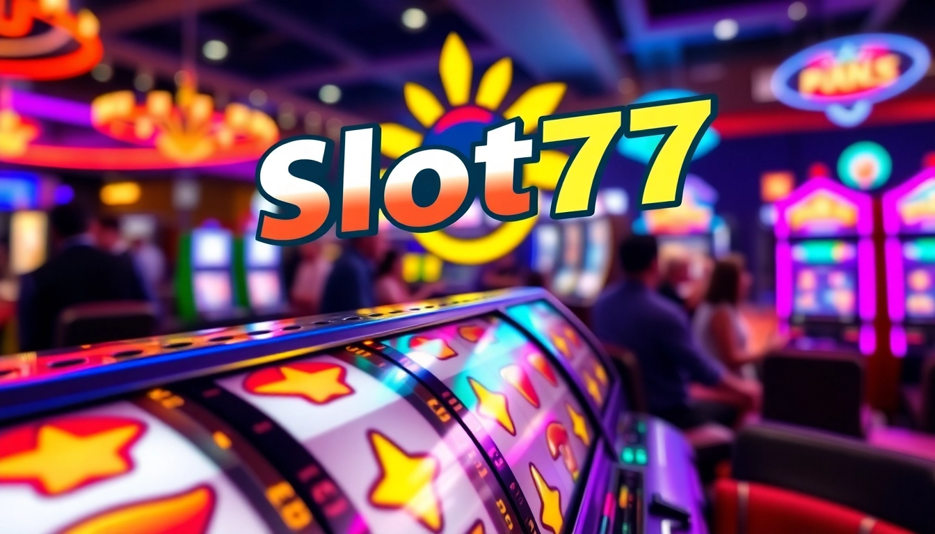 Mainan permainan Slot77 di kasino dengan simbol liar berkilau.