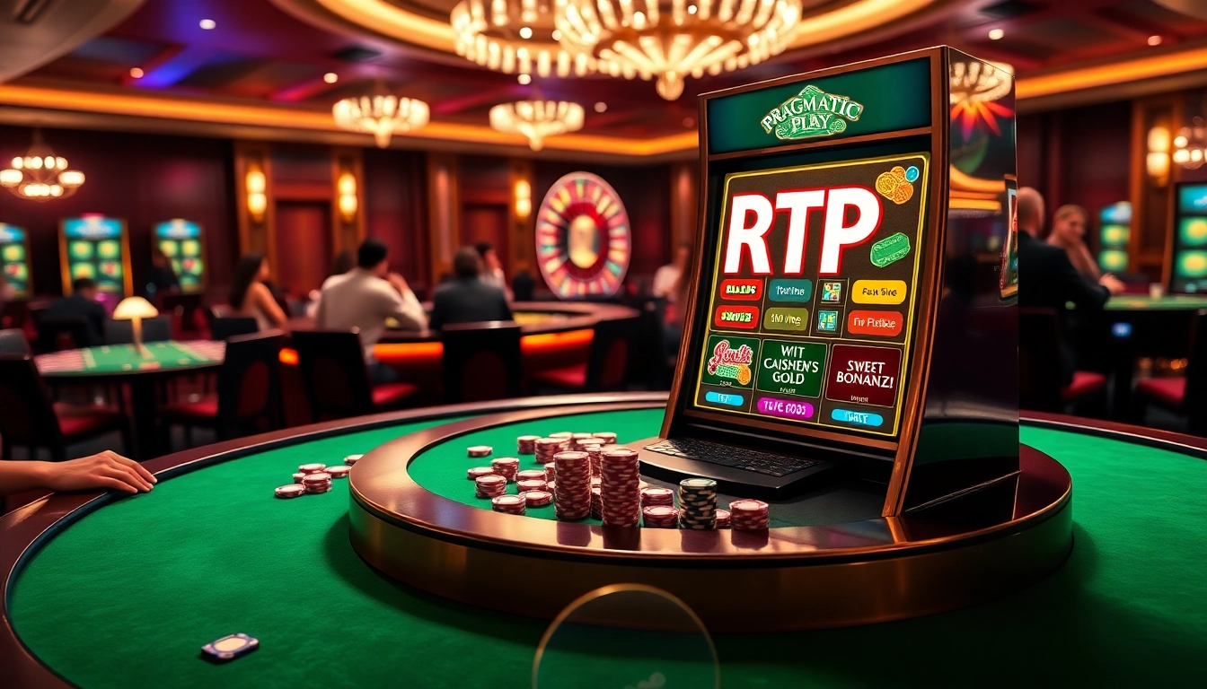 Experience the excitement of RTP Pragmatic Play with vibrant casino visuals showcasing slot machines and poker tables.