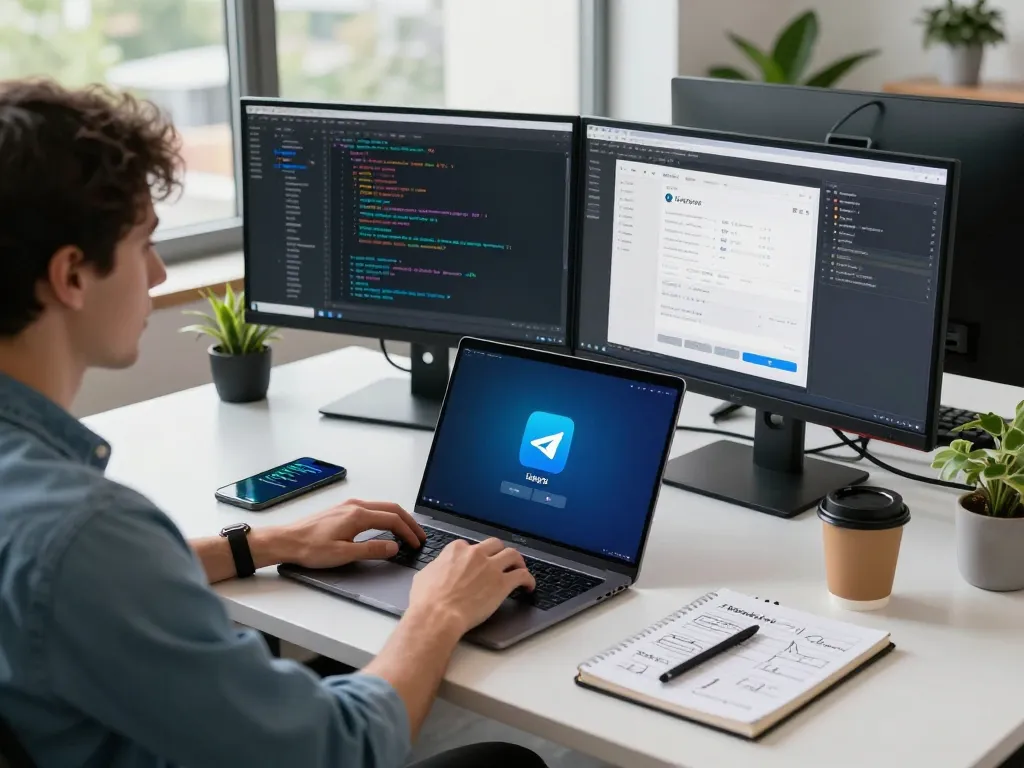 Developer optimizing the Telegram 中文 interface in a modern office workspace.