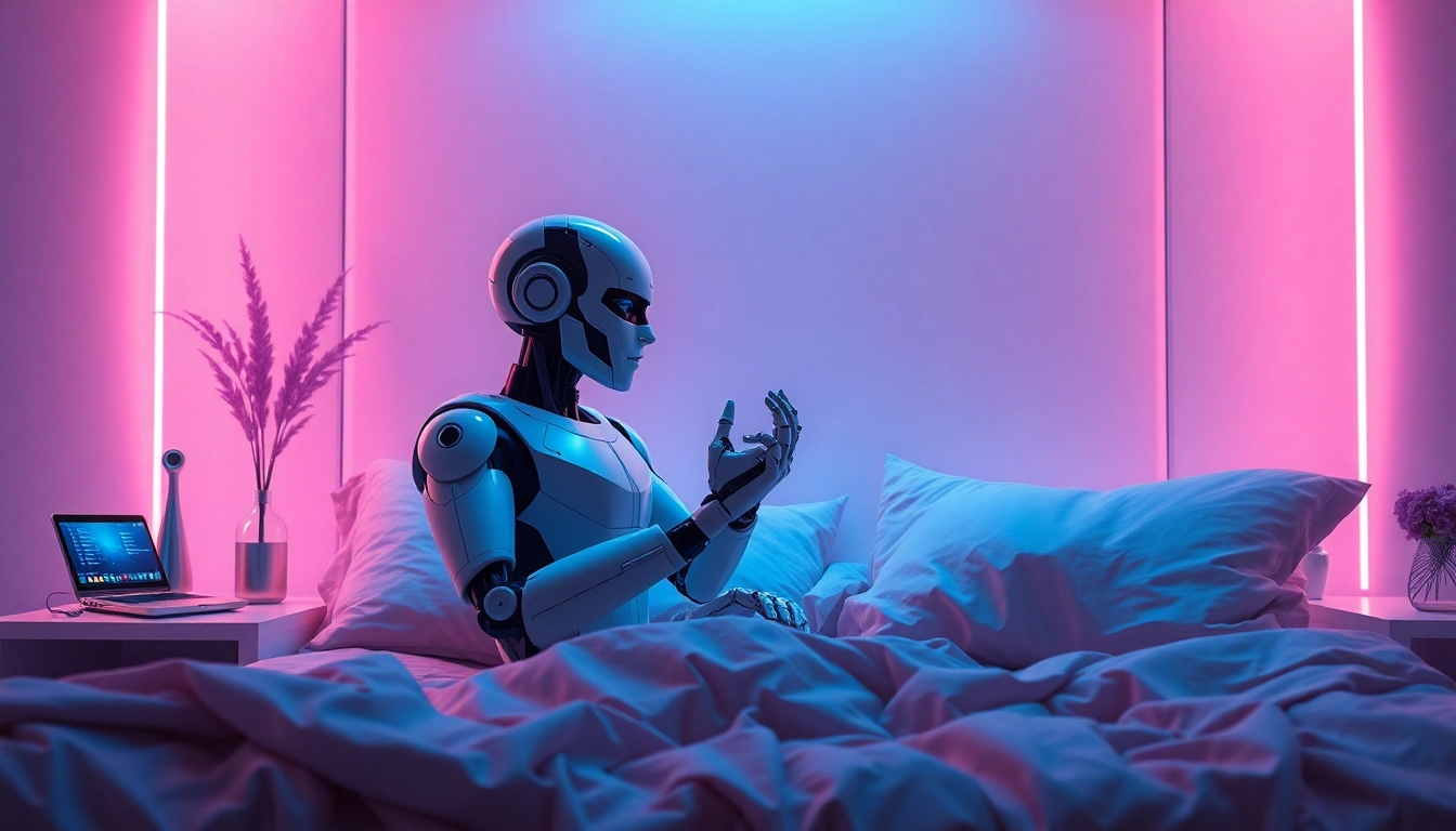 ai sex interaction between a humanoid robot and a human in a futuristic bedroom