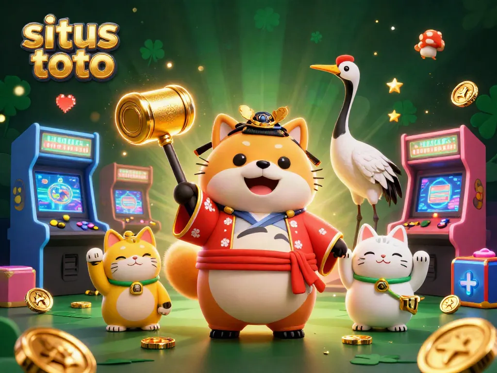 Join the fun with situs toto as the cheerful tanuki brings luck, amidst vibrant gaming elements.