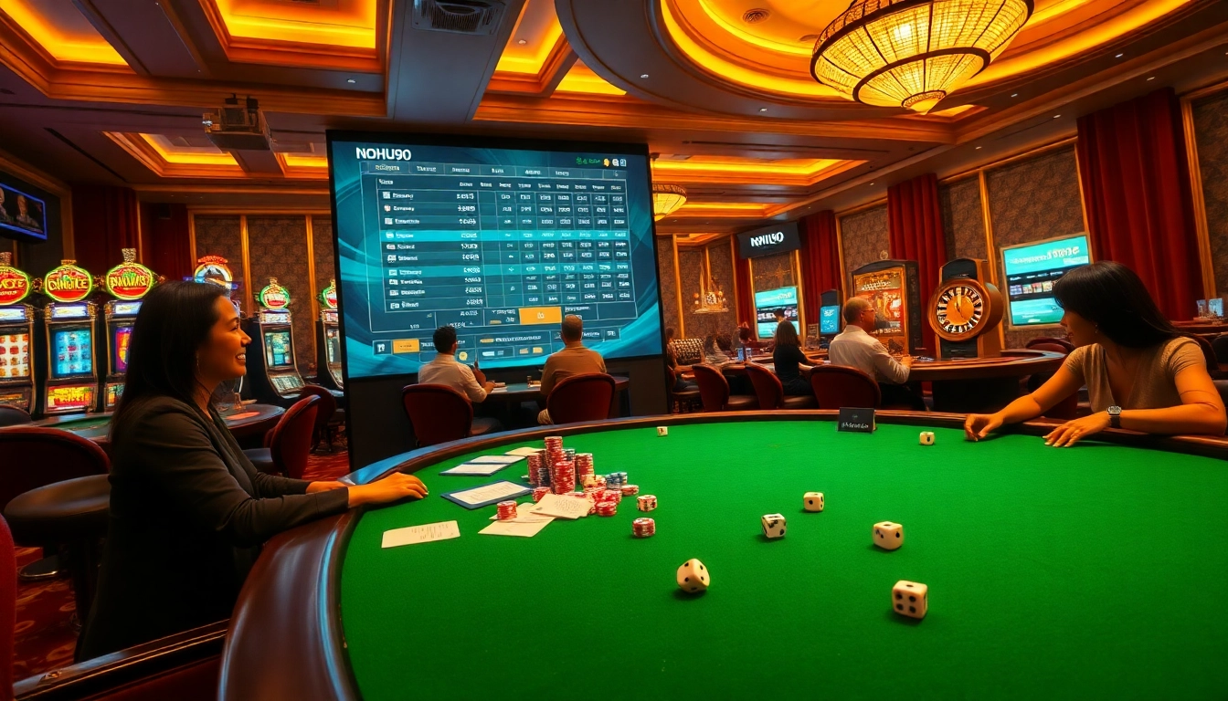 Engaging online gambling scene featuring NOHU90, with casino tables and excited players.