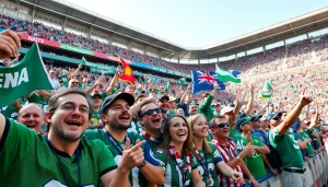 해외축구중계에 열광하는 축구 팬들이 즐거운 분위기 속에서 응원하는 모습