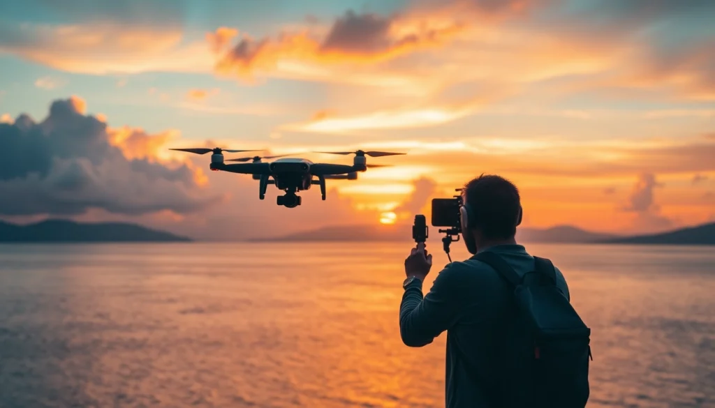 Cinematic video production capturing a stunning aerial landscape with vibrant sunset colors.