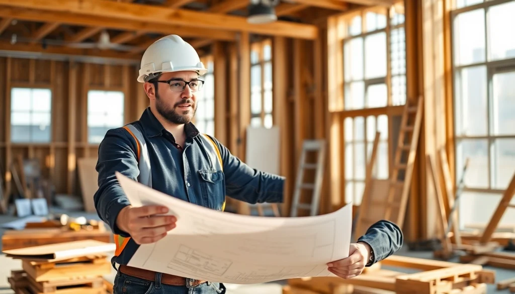 Manhattan General Contractor demonstrating expertise at a construction site with blueprints and tools.
