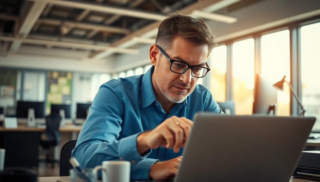 Engaging computer service by a technician troubleshooting a laptop in a modern office.