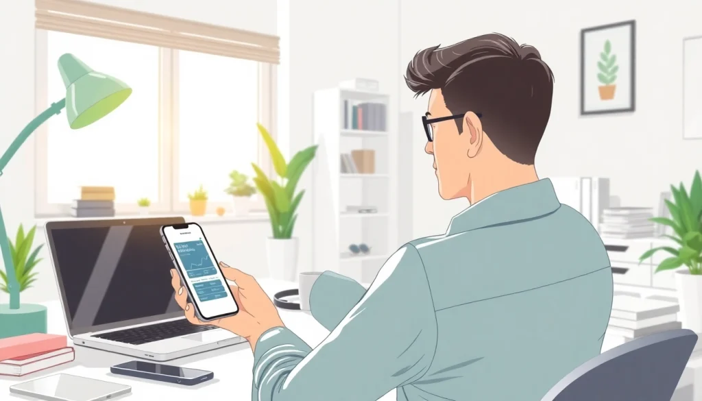 Cloud mining app displayed on a smartphone in a modern office setting.