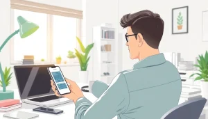 Cloud mining app displayed on a smartphone in a modern office setting.