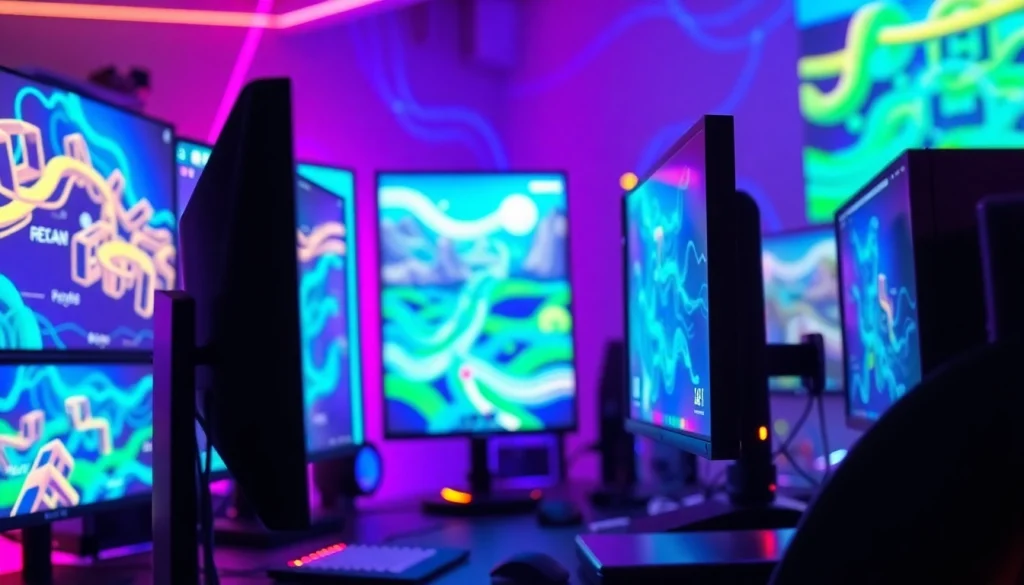 Design a game using Freedom X: a creative workspace with vibrant visuals and advanced tech.