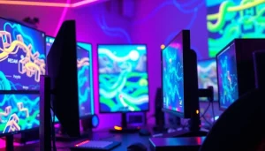 Design a game using Freedom X: a creative workspace with vibrant visuals and advanced tech.