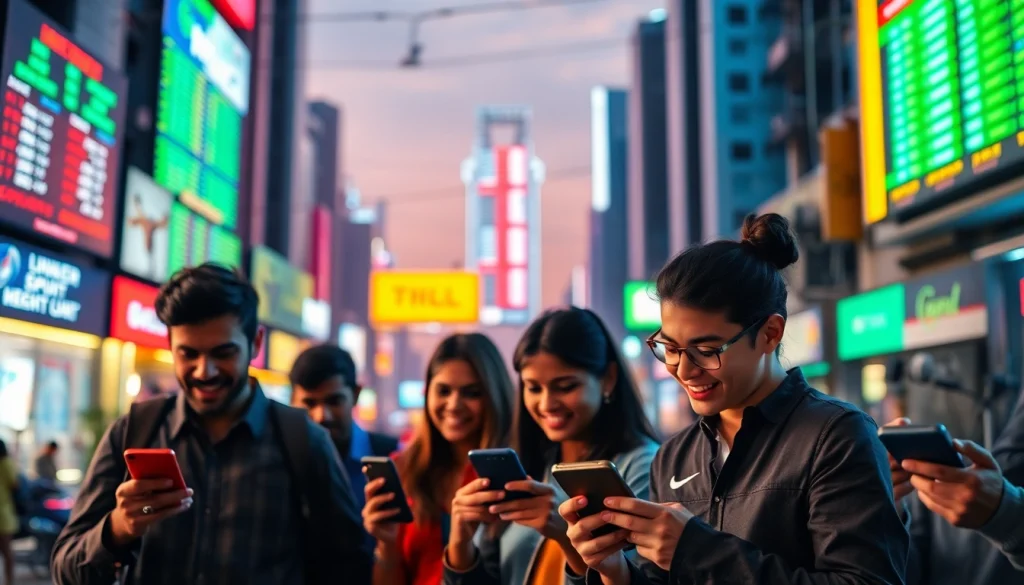 Engaging group of diverse individuals placing bets at the best sports betting sites India in an urban Indian setting.