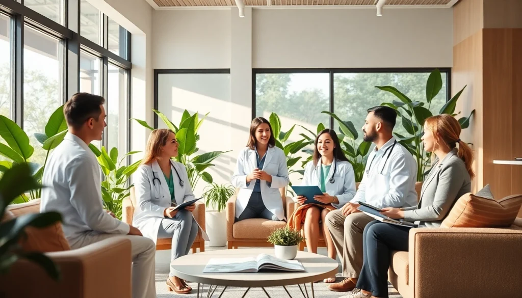 Discussing Health strategies in a modern clinic setting with professionals.