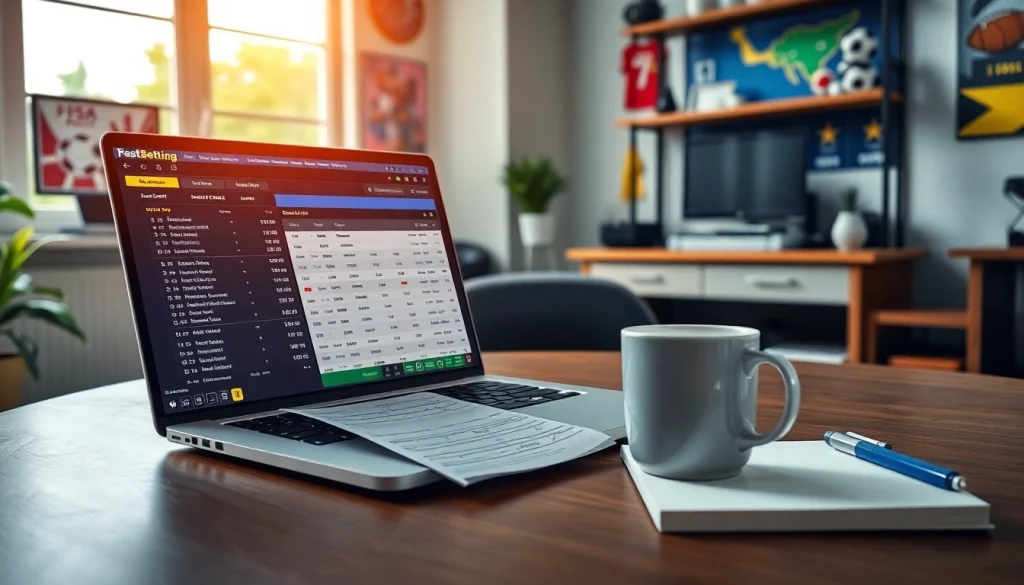 Showcase the best sports betting sites for Brazil in a modern home office setting featuring laptops and sports memorabilia.